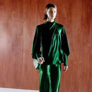 Zara satin bow blouse green size X Large